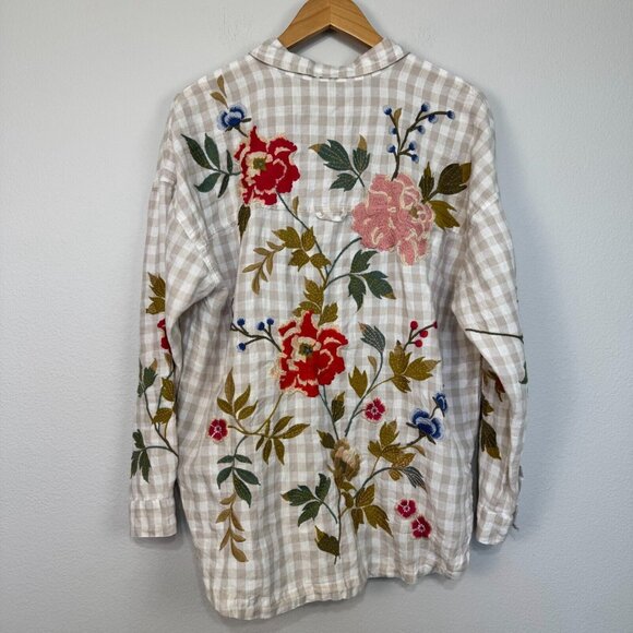 Johnny Was Workshop Adele Gingham Women's Overshirt Linen Embroidered Size Small - Picture 4 of 15